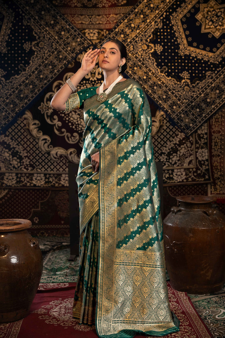 Green Color Banarasi Silk Saree With Zari Woven Design With Unstitched Blouse Piece