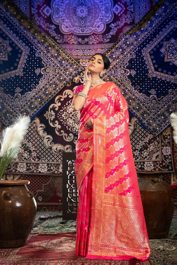 Pink Color Banarasi Silk Saree With Zari Woven Design With Unstitched Blouse Piece