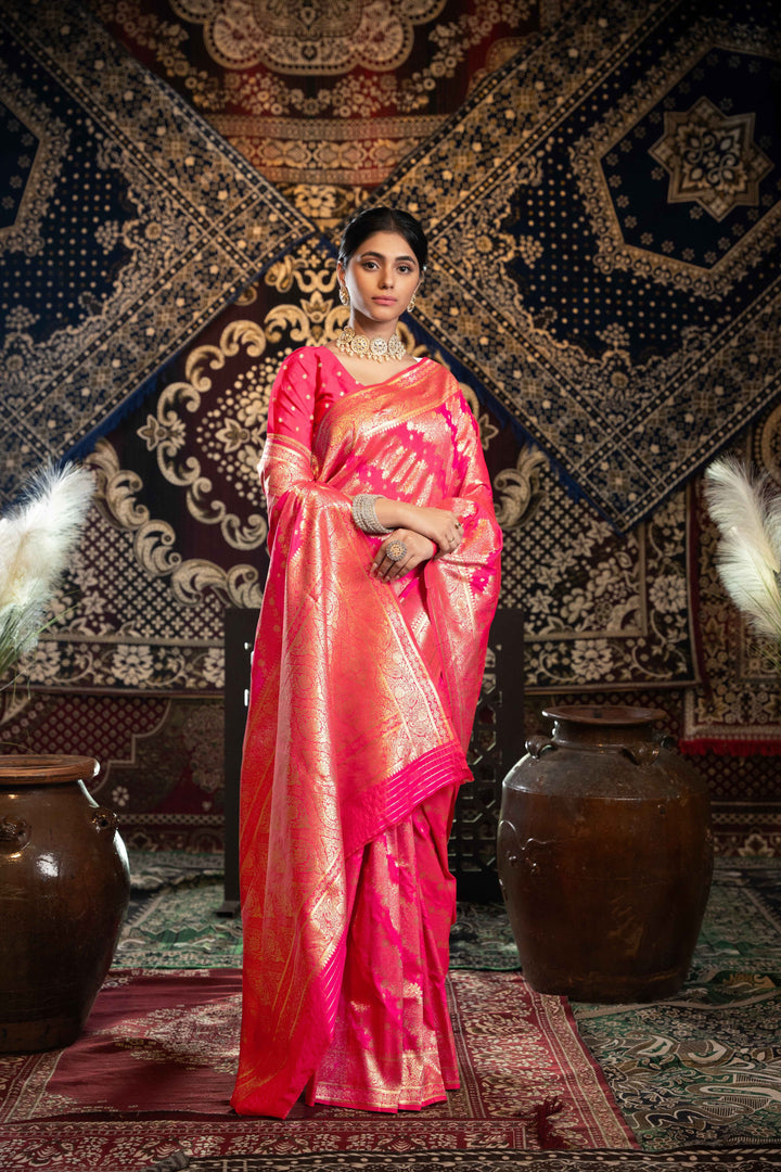 Pink Color Banarasi Silk Saree With Zari Woven Design With Unstitched Blouse Piece