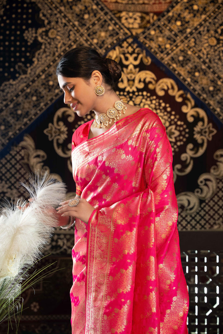 Pink Color Banarasi Silk Saree With Zari Woven Design With Unstitched Blouse Piece