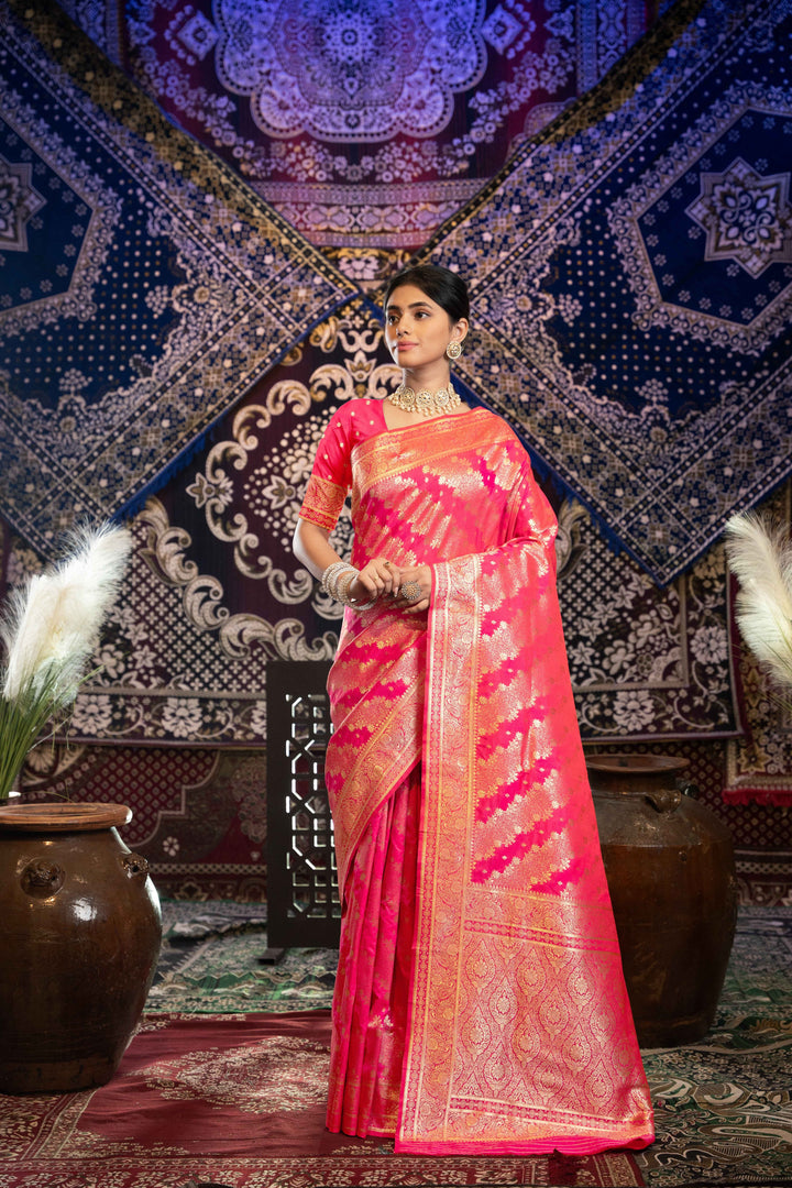 Pink Color Banarasi Silk Saree With Zari Woven Design With Unstitched Blouse Piece