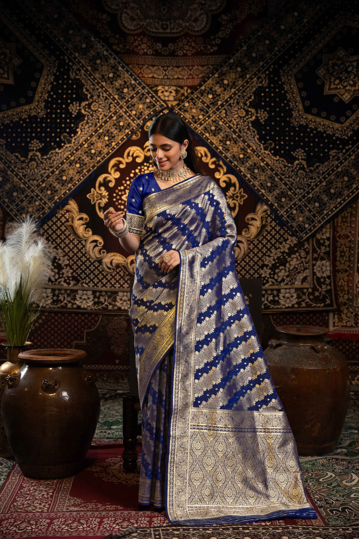 Royal Blue Color Banarasi Silk Saree With Zari Woven Design With Unstitched Blouse Piece