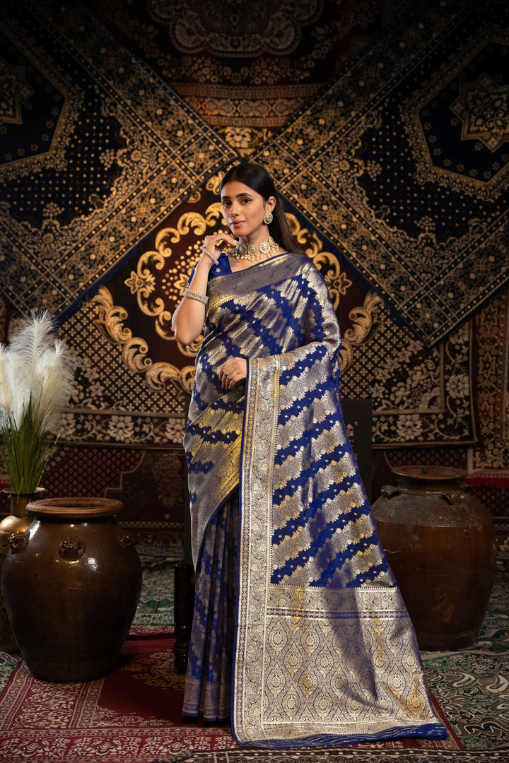 Royal Blue Color Banarasi Silk Saree With Zari Woven Design With Unstitched Blouse Piece