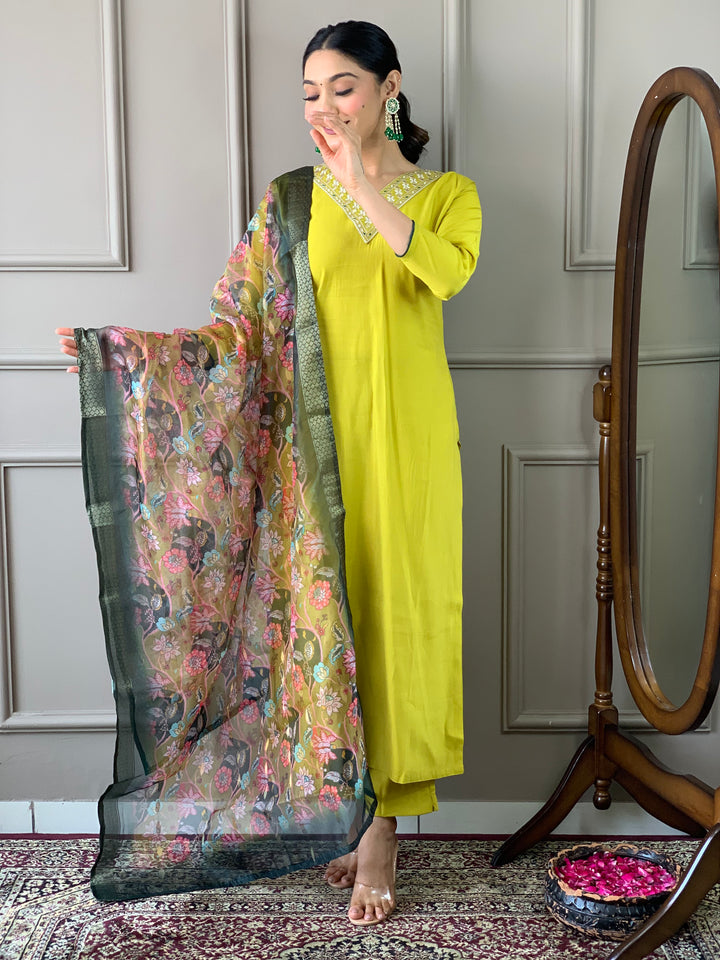 Yellow Color Viscose Chanderi Embroidery Straight Kurti With Pant And Printed Jacquard Dupatta Set