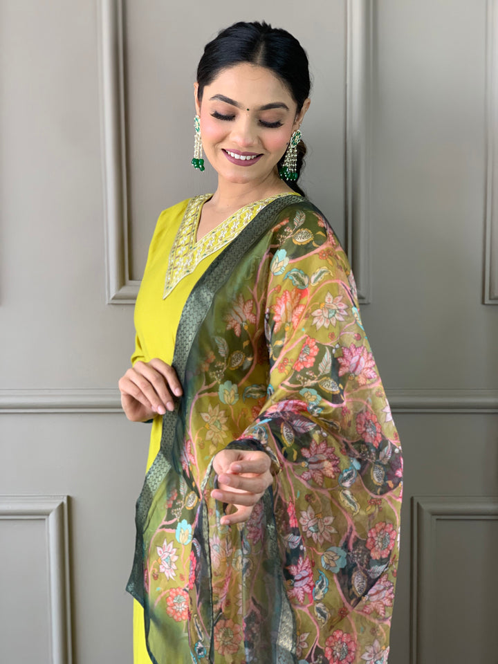 Yellow Color Viscose Chanderi Embroidery Straight Kurti With Pant And Printed Jacquard Dupatta Set
