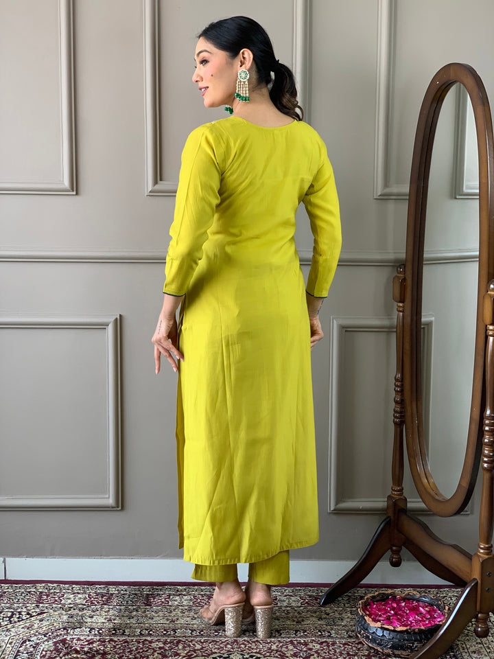 Yellow Color Viscose Chanderi Embroidery Straight Kurti With Pant And Printed Jacquard Dupatta Set