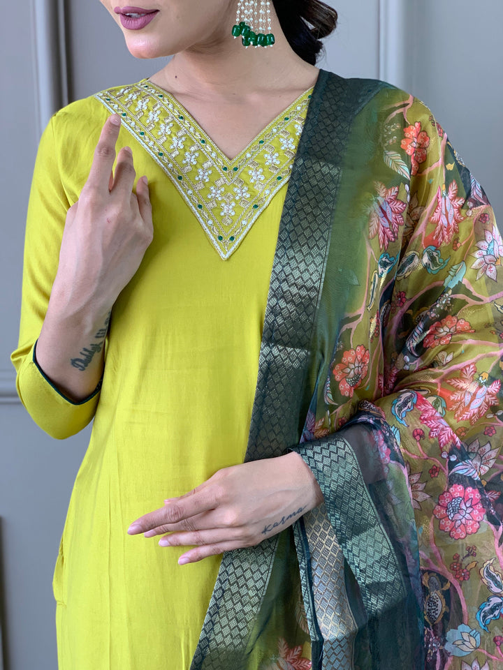 Yellow Color Viscose Chanderi Embroidery Straight Kurti With Pant And Printed Jacquard Dupatta Set