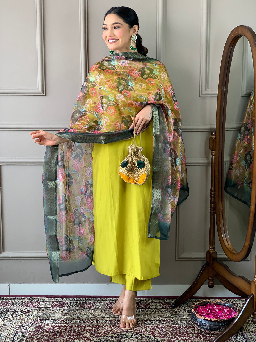 Yellow Color Viscose Chanderi Embroidery Straight Kurti With Pant And Printed Jacquard Dupatta Set