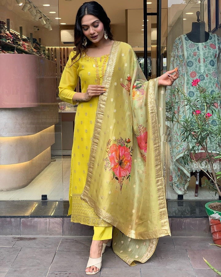 Yellow Color Viscose organza Embroidery Kurta with Pant And Dupatta Sets