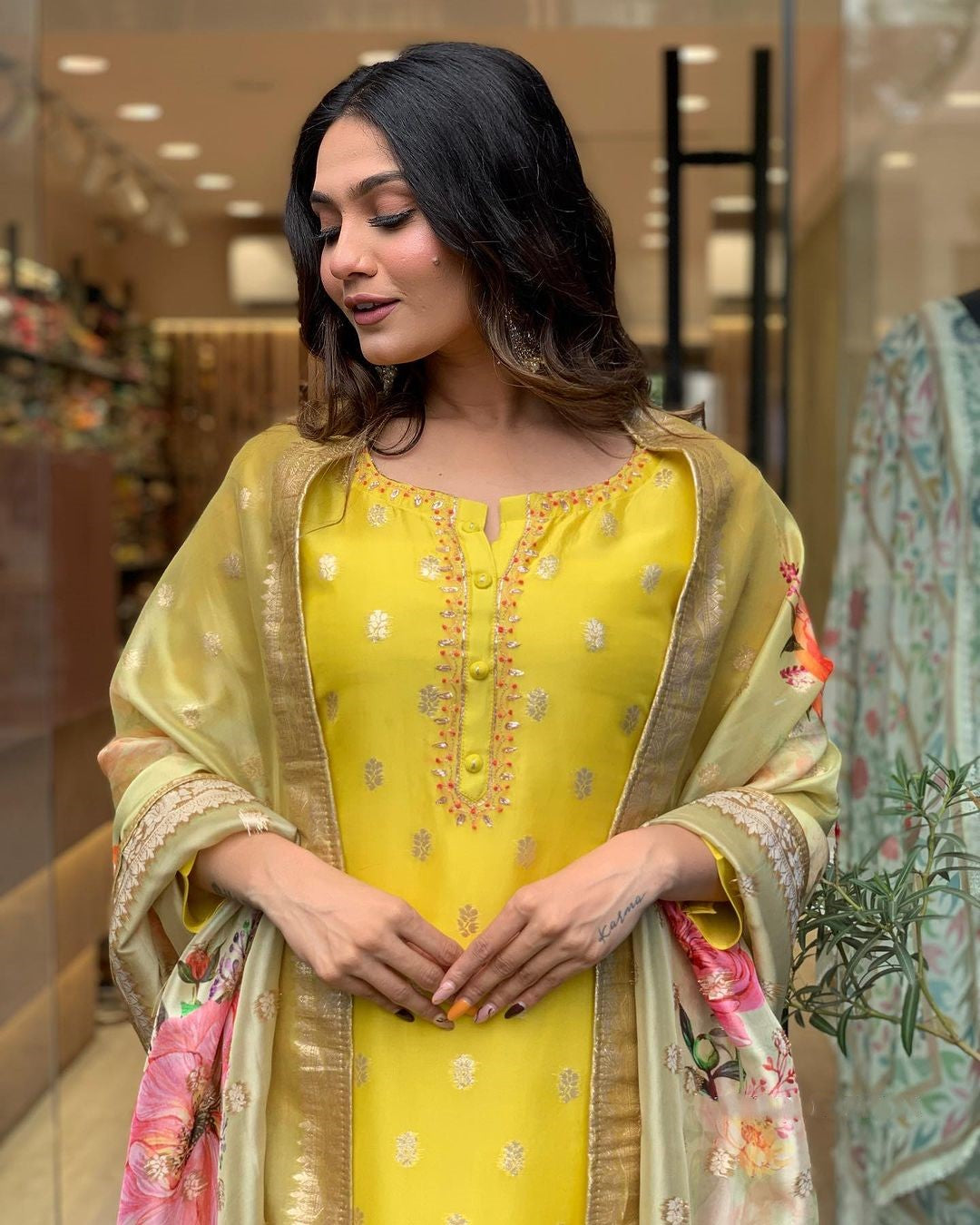 Yellow Color Viscose organza Embroidery Kurta with Pant And Dupatta Sets