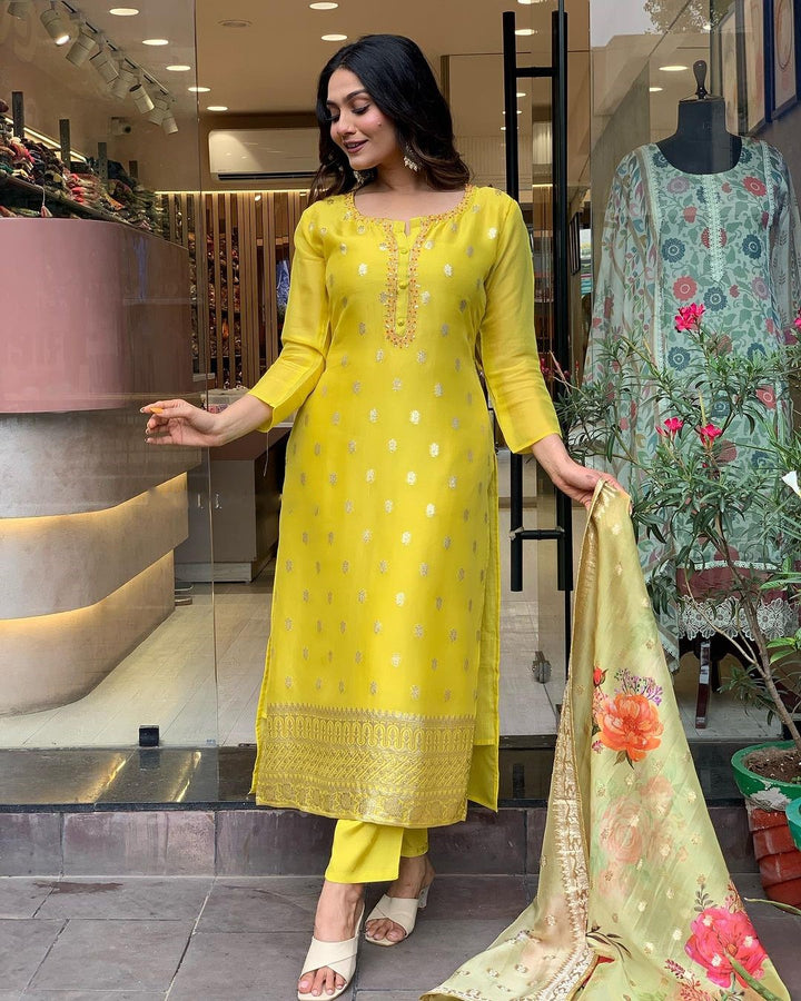 Yellow Color Viscose organza Embroidery Kurta with Pant And Dupatta Sets