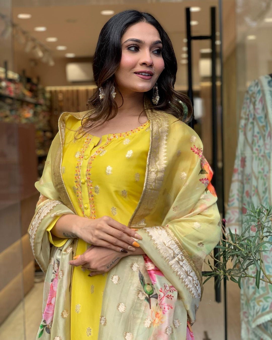 Yellow Color Viscose organza Embroidery Kurta with Pant And Dupatta Sets