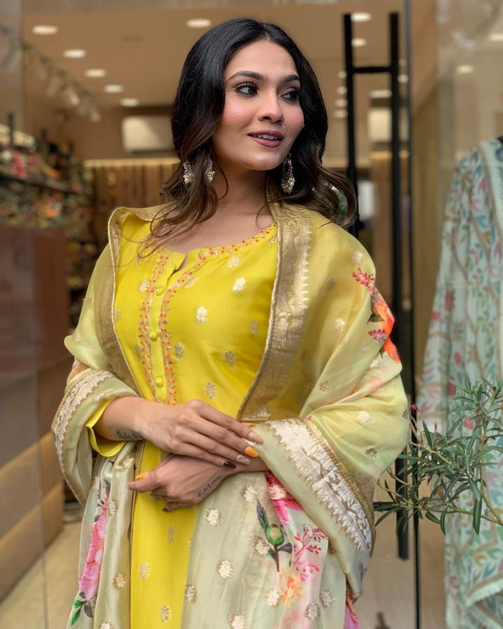 Yellow Color Viscose organza Embroidery Kurta with Pant And Dupatta Sets
