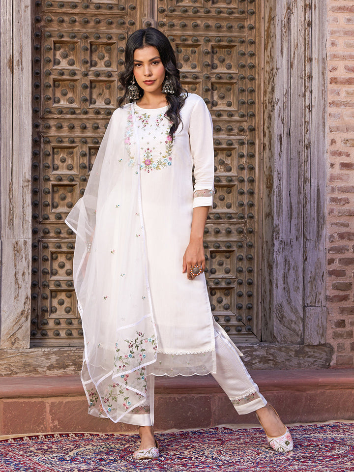 White Color with Embroidered Kurta with Pant And Dupatta Sets