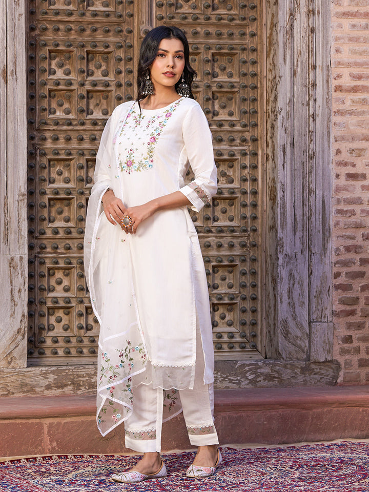 White Color with Embroidered Kurta with Pant And Dupatta Sets