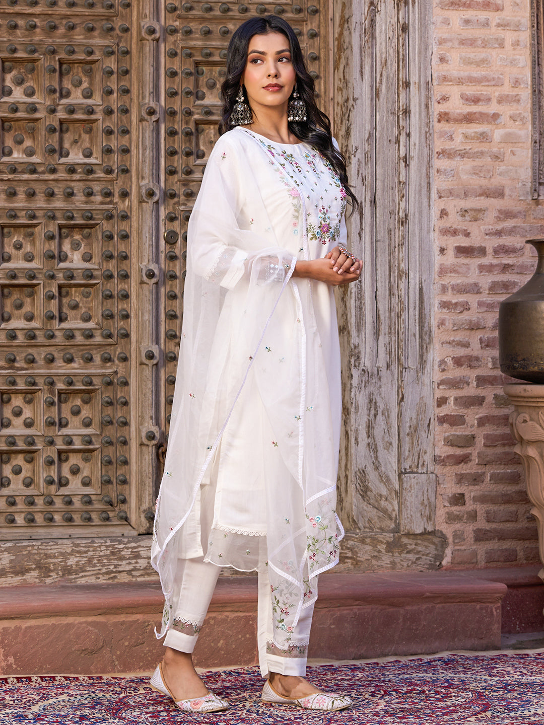 White Color with Embroidered Kurta with Pant And Dupatta Sets