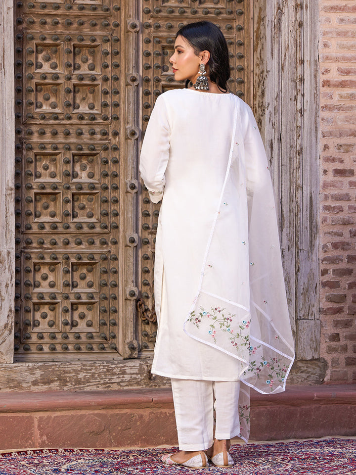White Color with Embroidered Kurta with Pant And Dupatta Sets