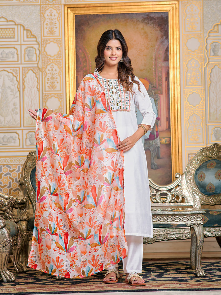 White Color Chanderi Kurti Heavy Embroidered With Pant And Digital Print Dupata Set