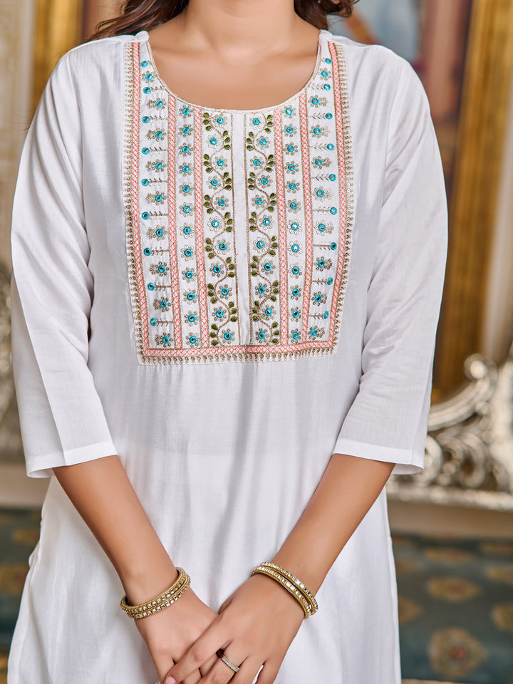 White Color Chanderi Kurti Heavy Embroidered With Pant And Digital Print Dupata Set