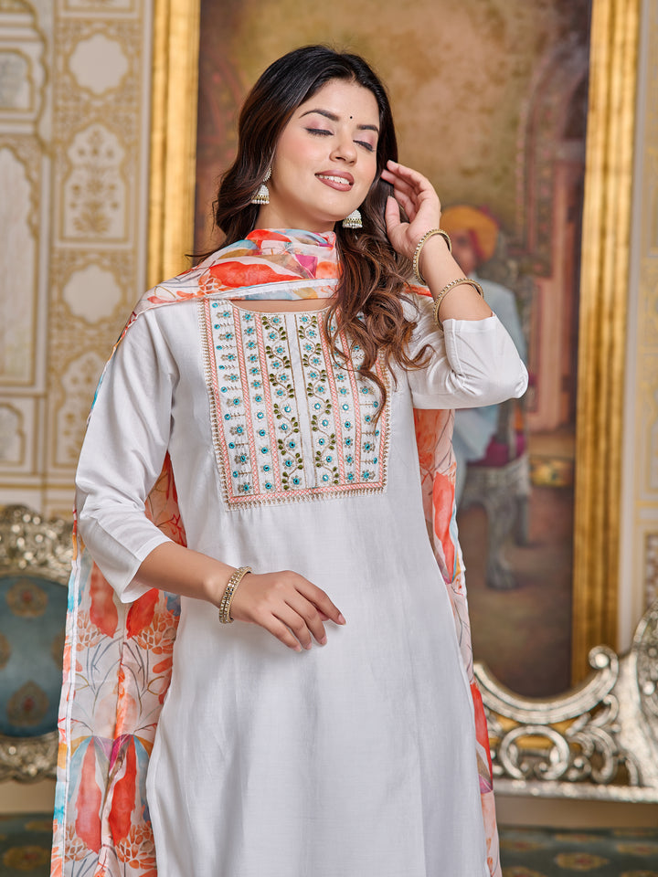 White Color Chanderi Kurti Heavy Embroidered With Pant And Digital Print Dupata Set
