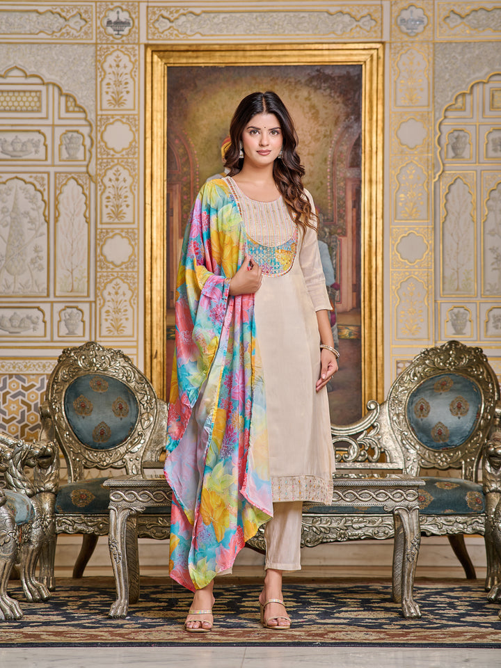 Beige Color Simar Kurti Embroidery With Pant And Dupata Set