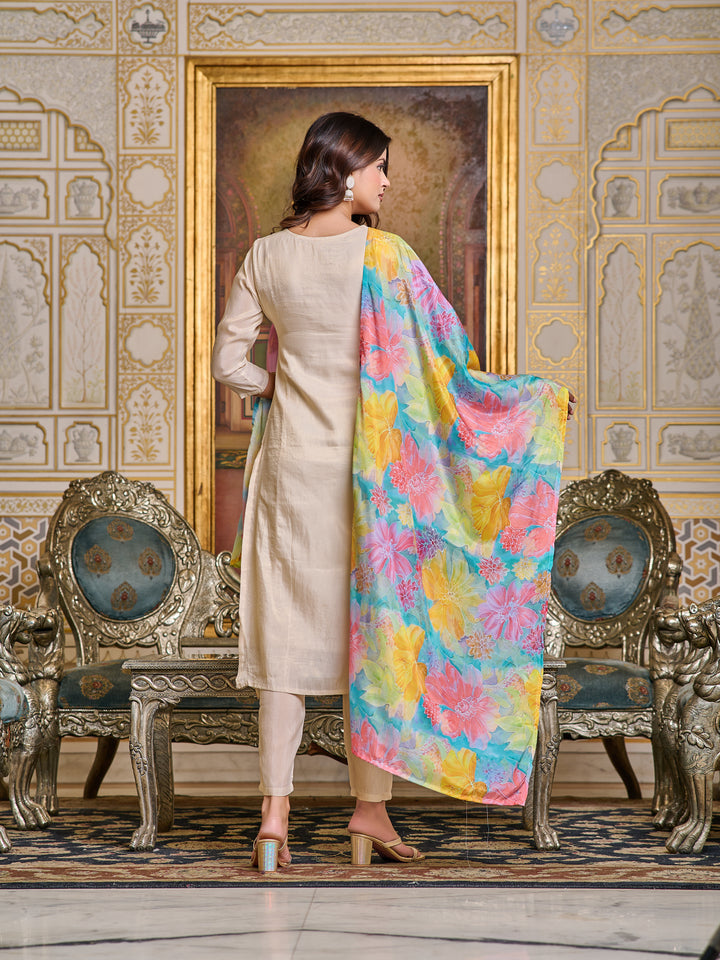 Beige Color Simar Kurti Embroidery With Pant And Dupata Set