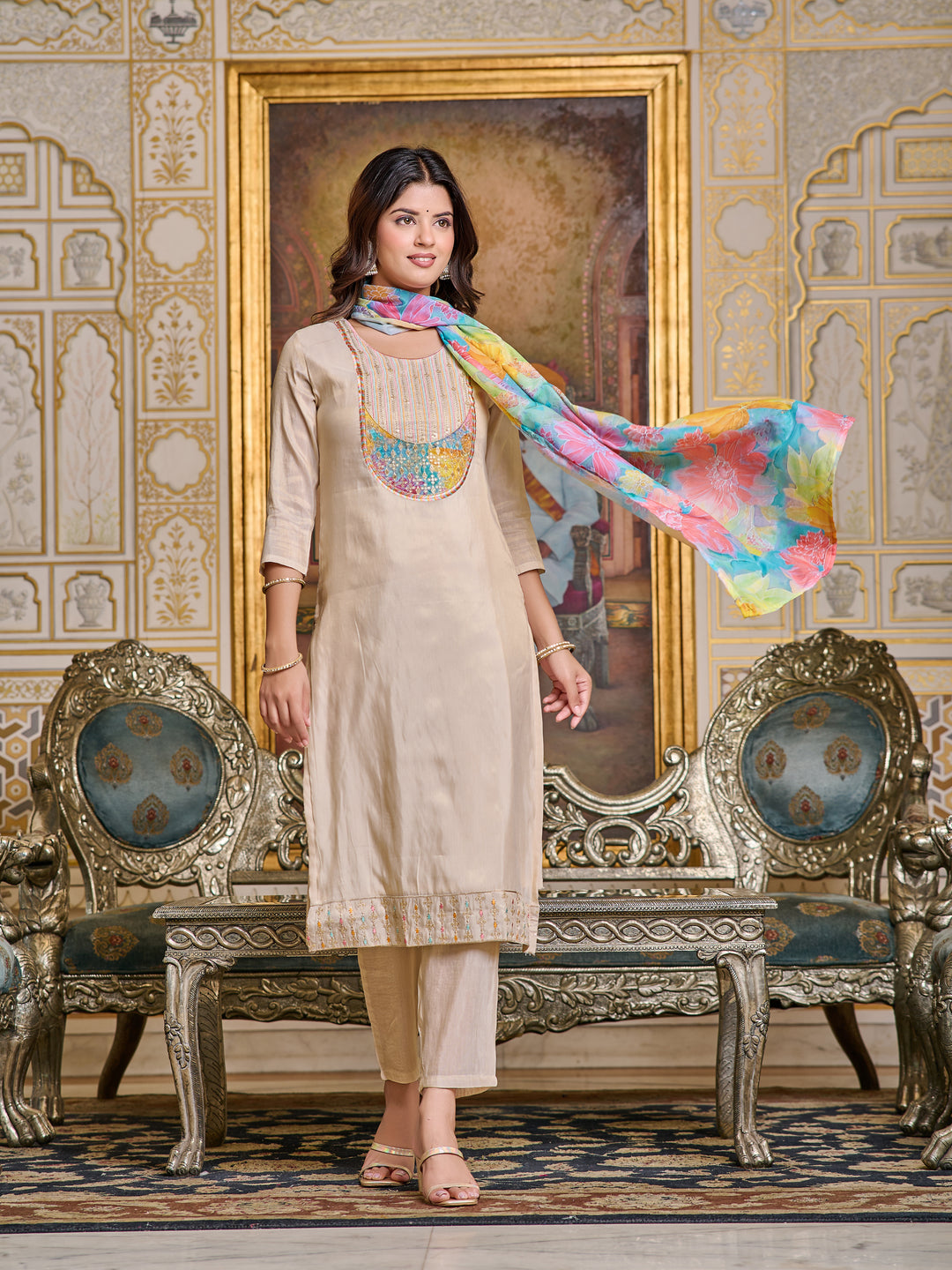 Beige Color Simar Kurti Embroidery With Pant And Dupata Set