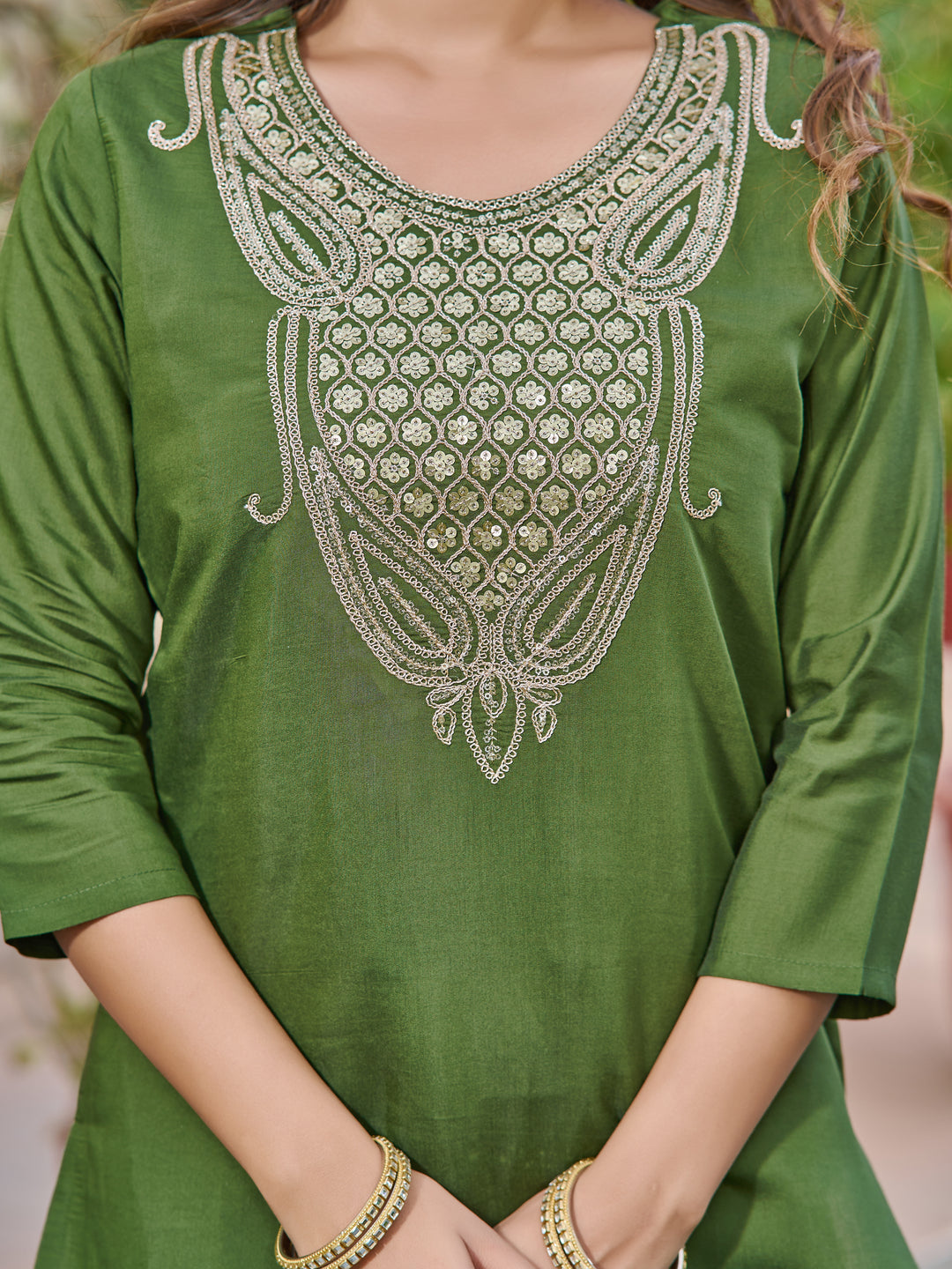 Green Color Chanderi Kurti Embroidery With Pant And Dupata Set