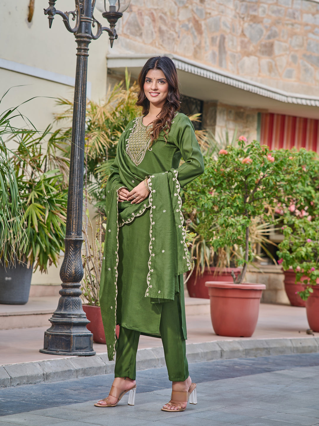 Green Color Chanderi Kurti Embroidery With Pant And Dupata Set