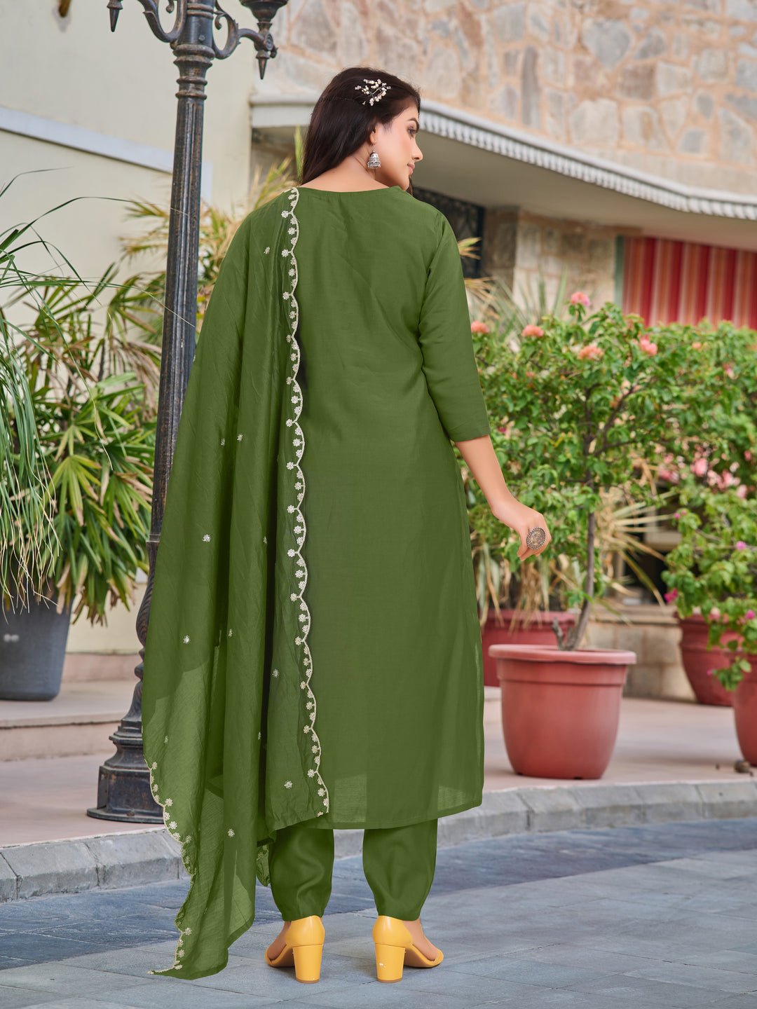 Green Color Chanderi Kurti Embroidery With Pant And Dupata Set