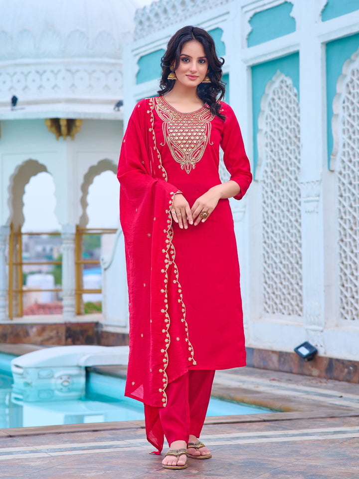 Red Color Chanderi Kurti Embroidery With Pant And Dupata Set