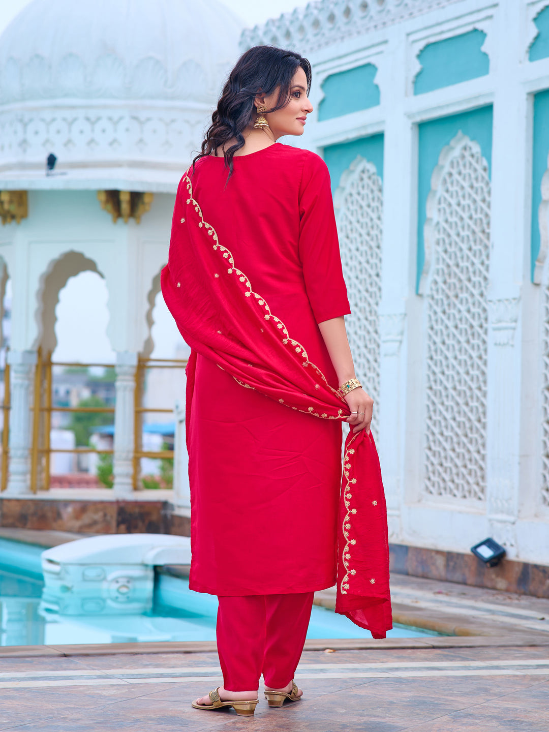 Red Color Chanderi Kurti Embroidery With Pant And Dupata Set