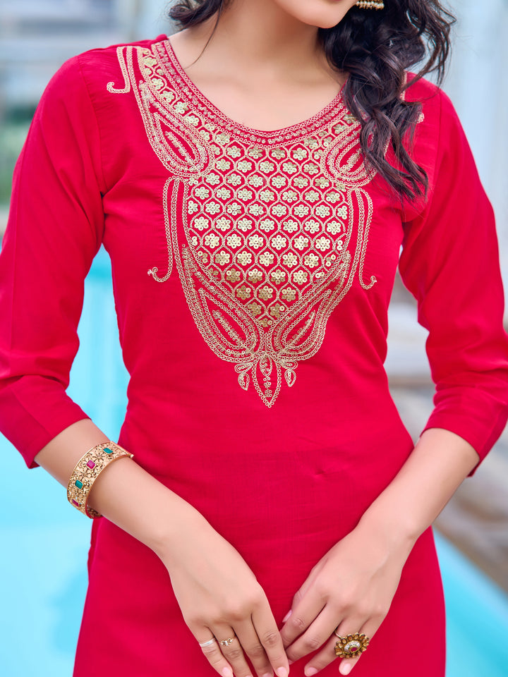 Red Color Chanderi Kurti Embroidery With Pant And Dupata Set