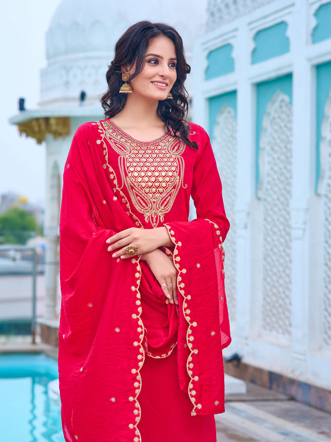 Red Color Chanderi Kurti Embroidery With Pant And Dupata Set