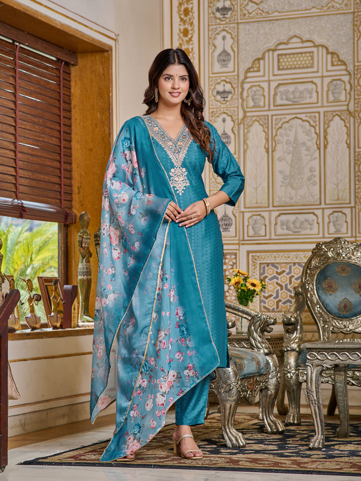 Blue Color Viscose Rayon Kurti Embroidery With Pant And Dupata Set