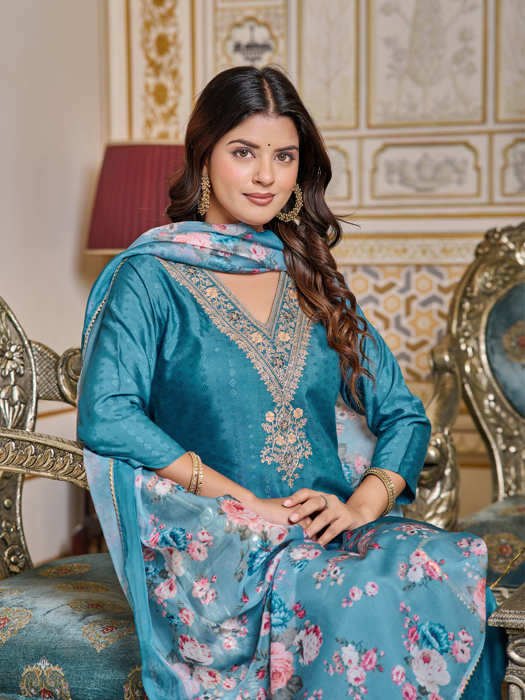 Blue Color Viscose Rayon Kurti Embroidery With Pant And Dupata Set