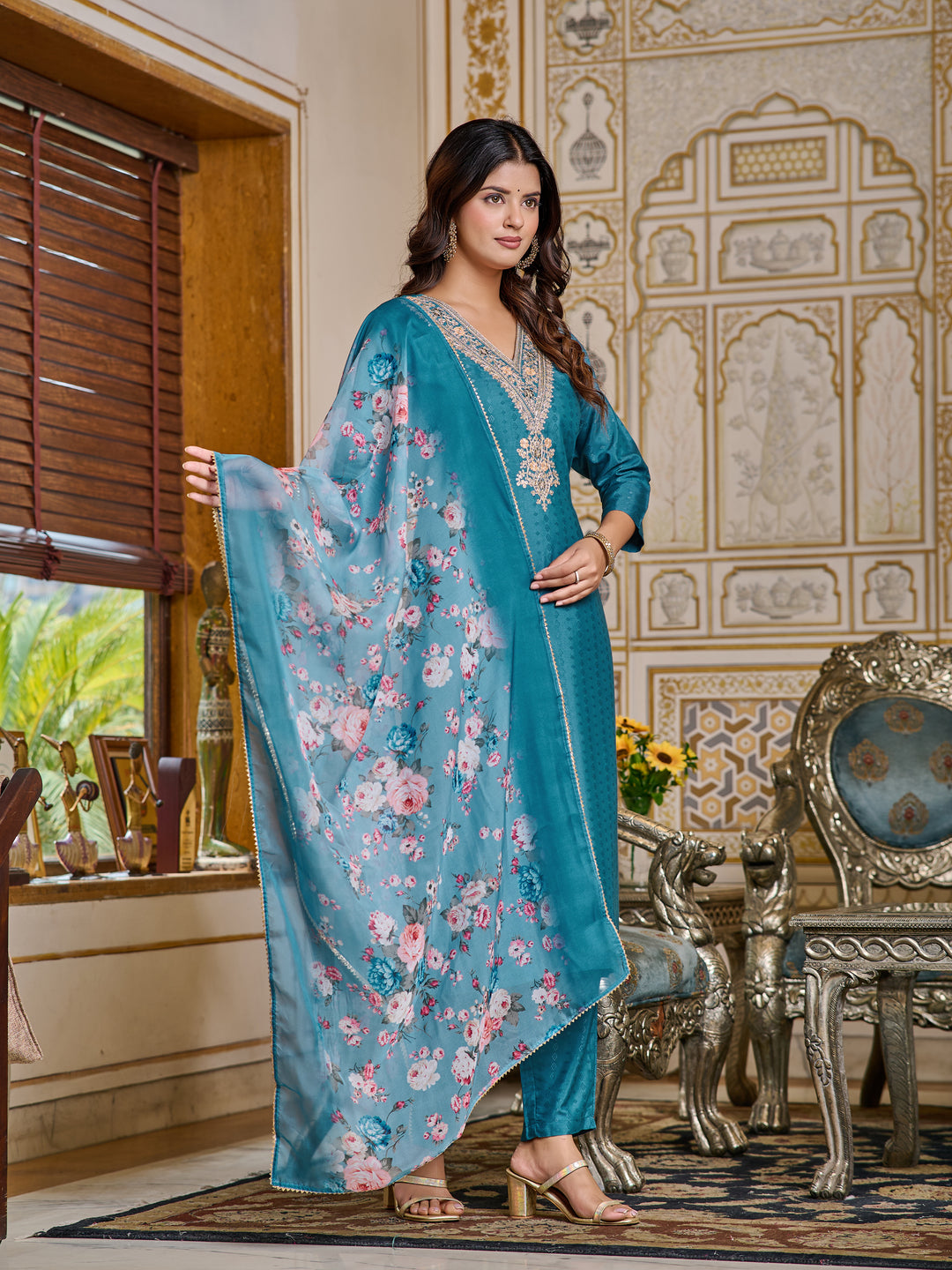 Blue Color Viscose Rayon Kurti Embroidery With Pant And Dupata Set