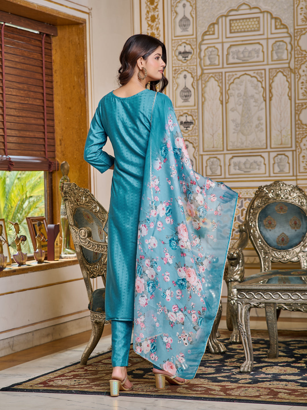 Blue Color Viscose Rayon Kurti Embroidery With Pant And Dupata Set