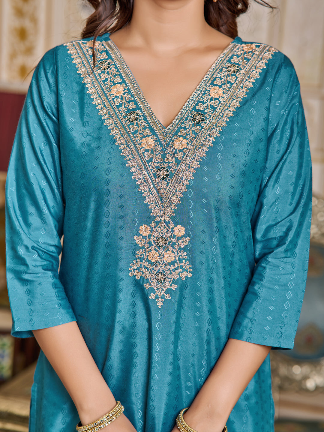 Blue Color Viscose Rayon Kurti Embroidery With Pant And Dupata Set