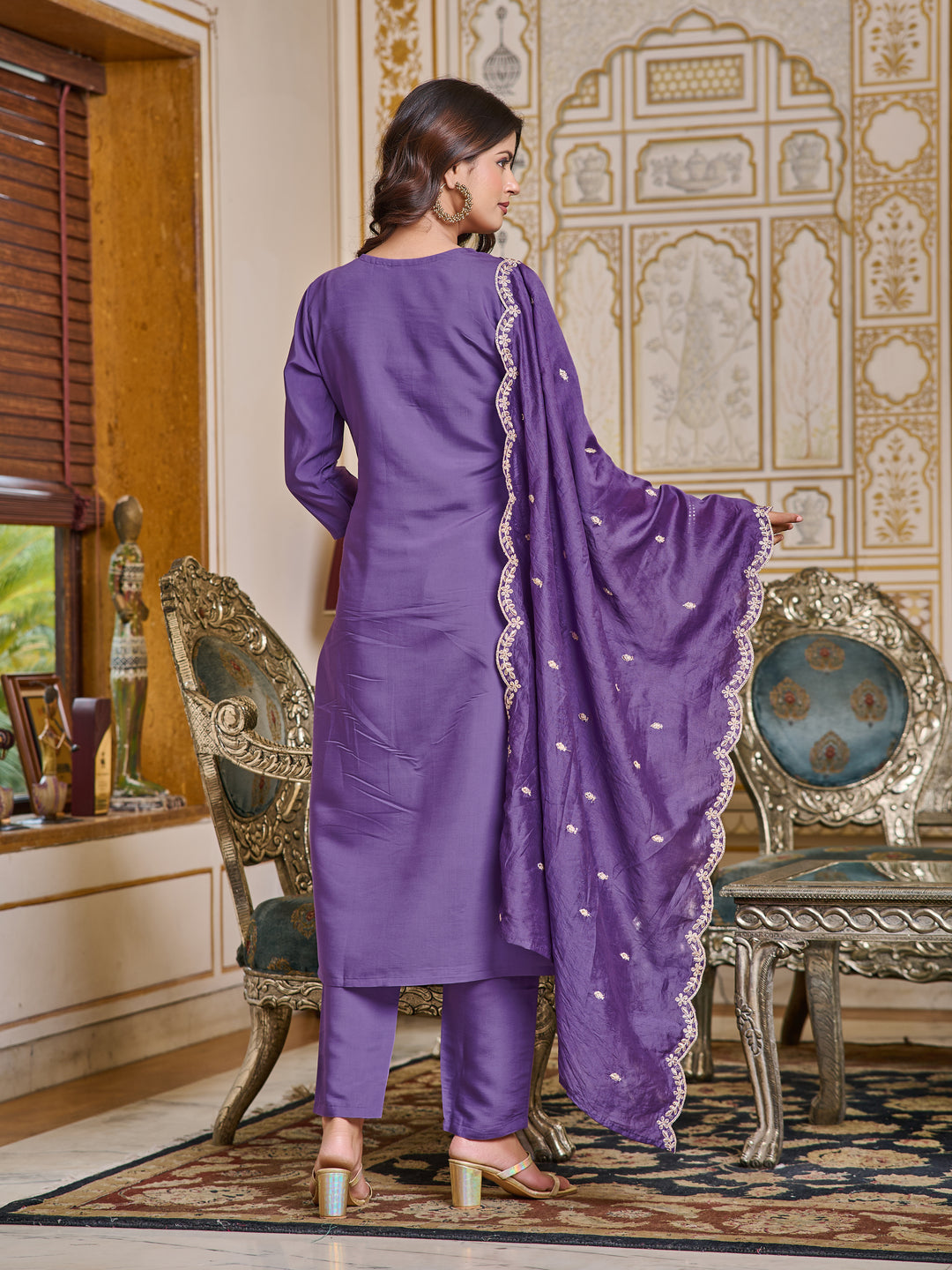 Purple Color Chanderi Kurti Embroidery With Pant And Dupata Set