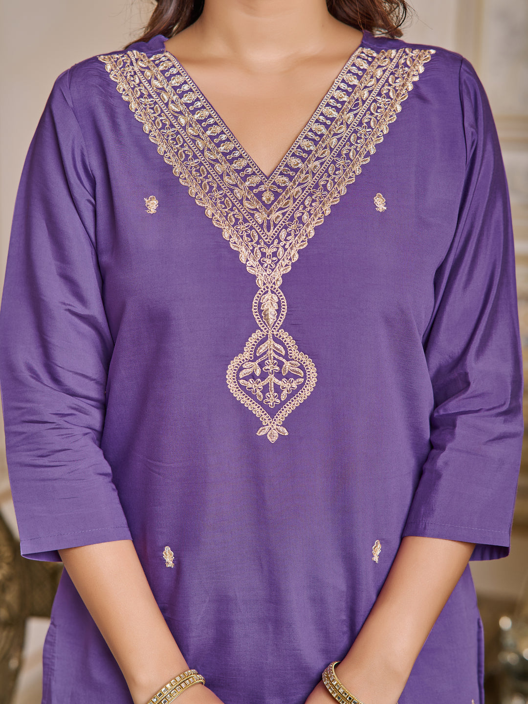 Purple Color Chanderi Kurti Embroidery With Pant And Dupata Set
