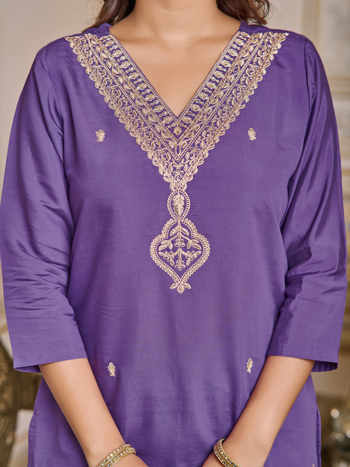 Purple Color Chanderi Kurti Embroidery With Pant And Dupata Set