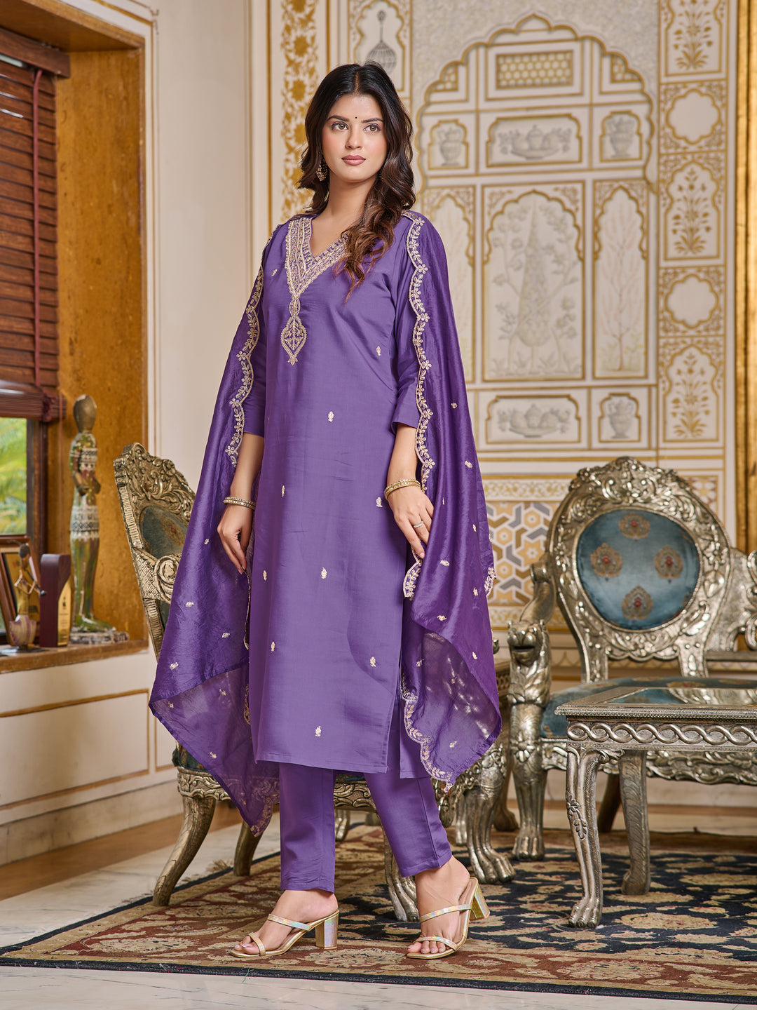 Purple Color Chanderi Kurti Embroidery With Pant And Dupata Set