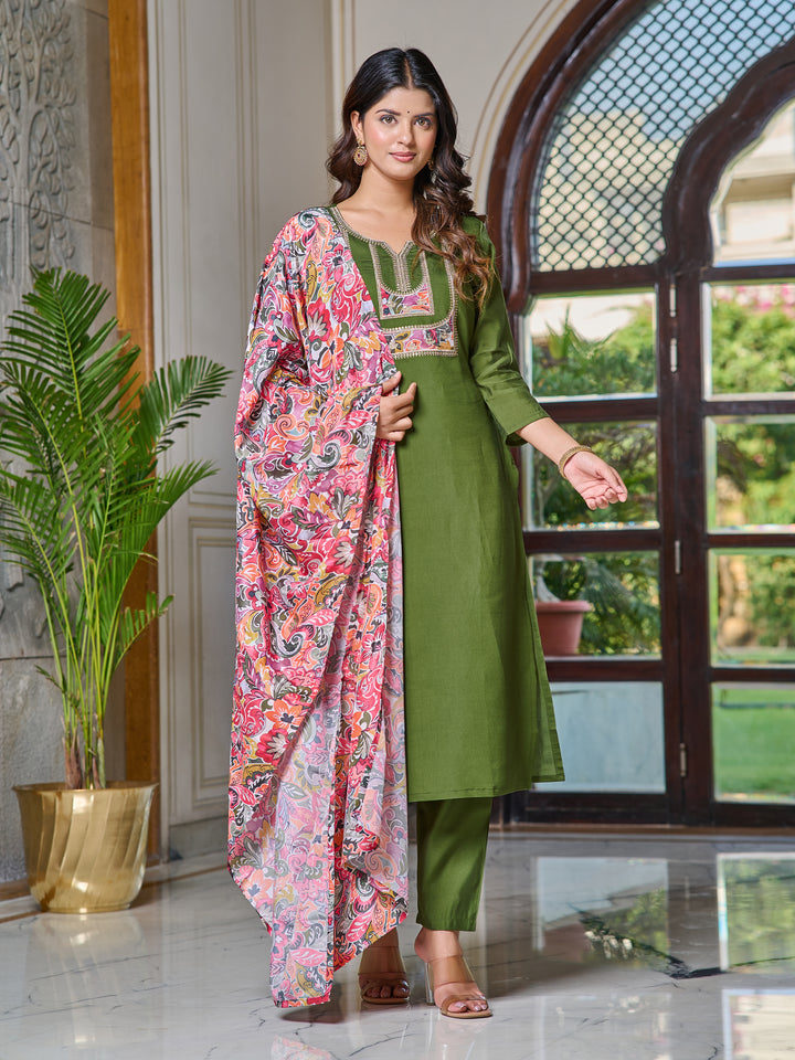 Green Color Chanderi Kurti Embroidery With Pant And Dupata Set
