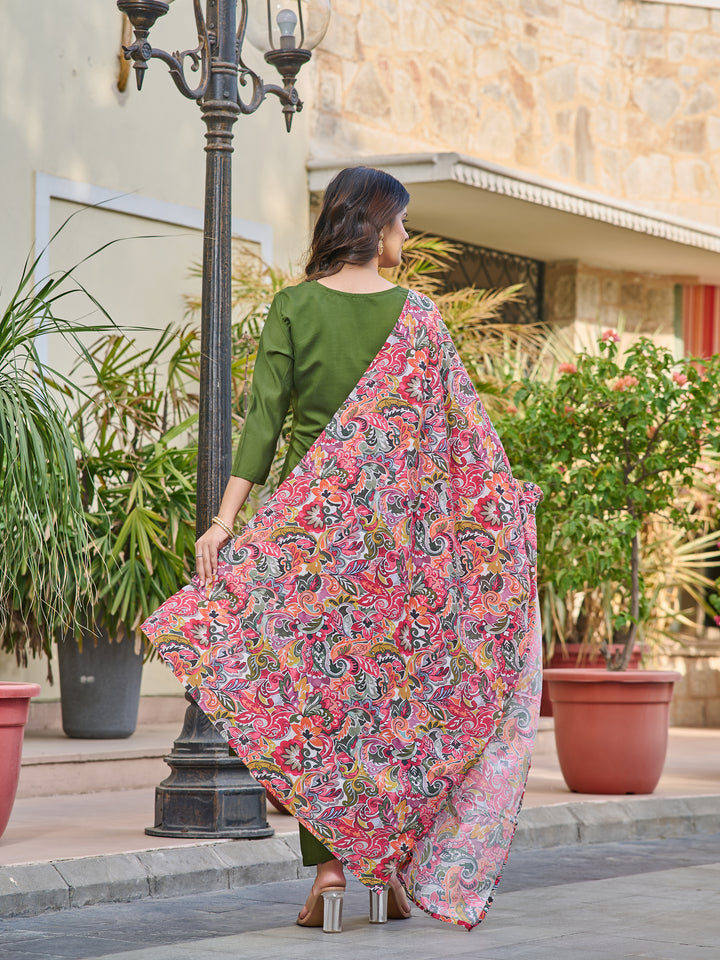 Green Color Chanderi Kurti Embroidery With Pant And Dupata Set