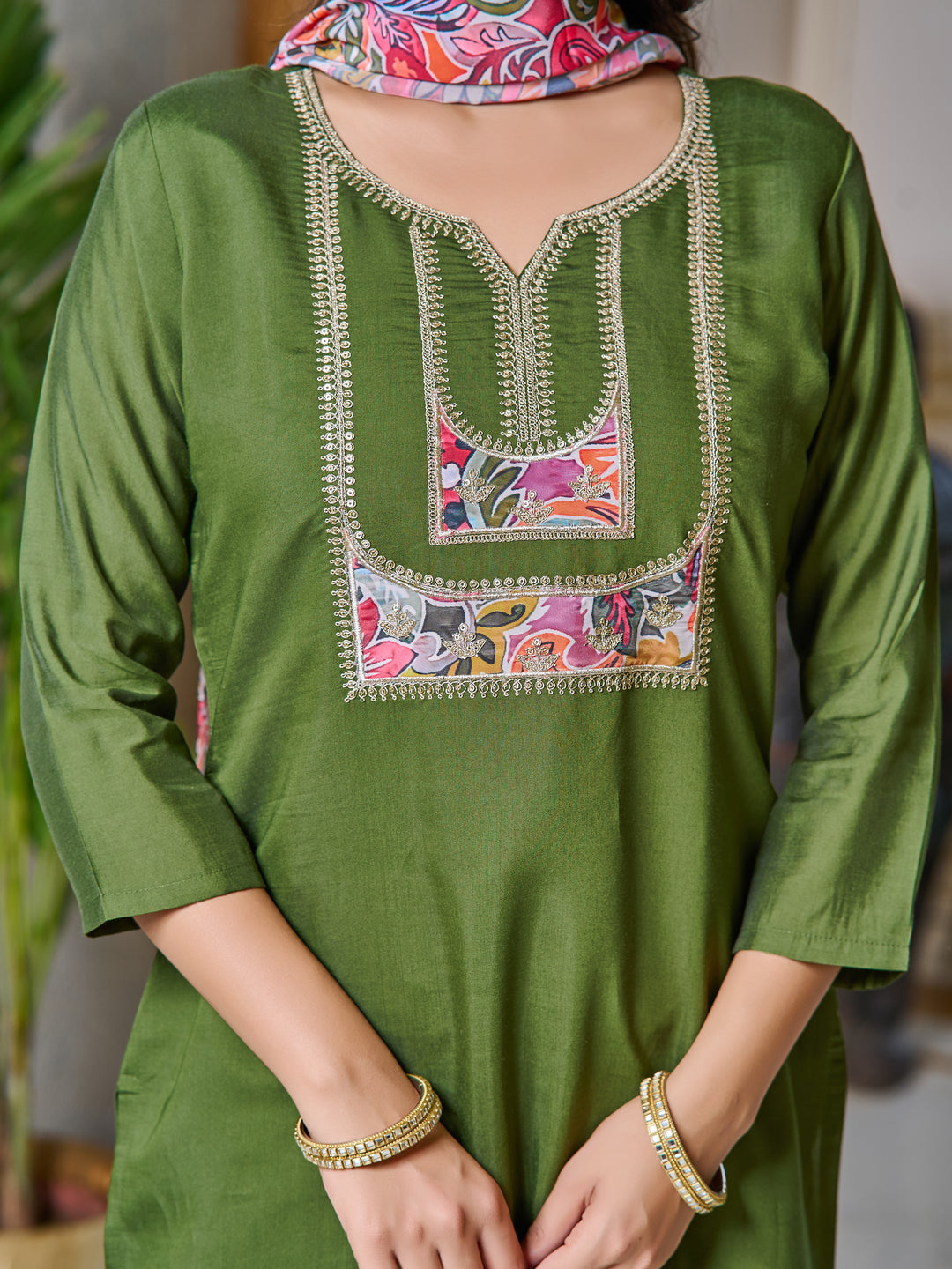 Green Color Chanderi Kurti Embroidery With Pant And Dupata Set
