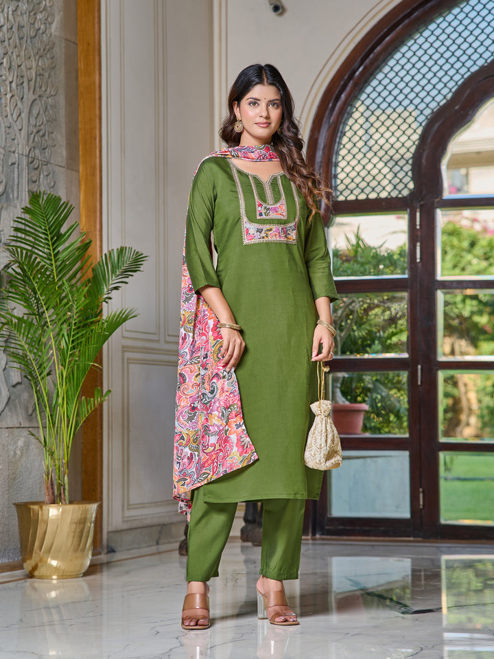 Green Color Chanderi Kurti Embroidery With Pant And Dupata Set