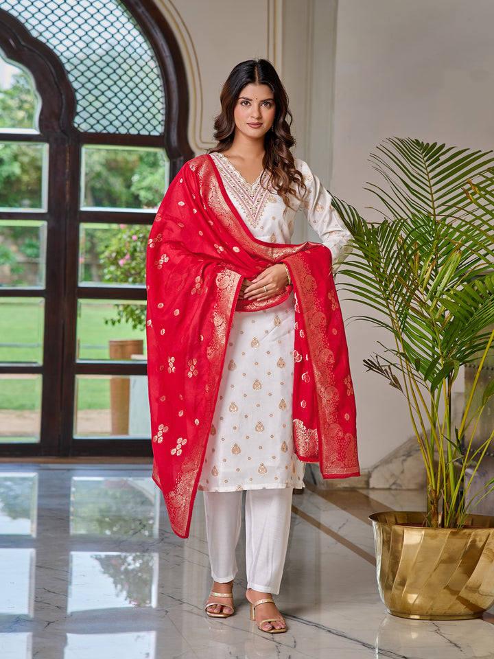 White Color Jaquard Kurti Embroidery With Pant And Dupatta Set