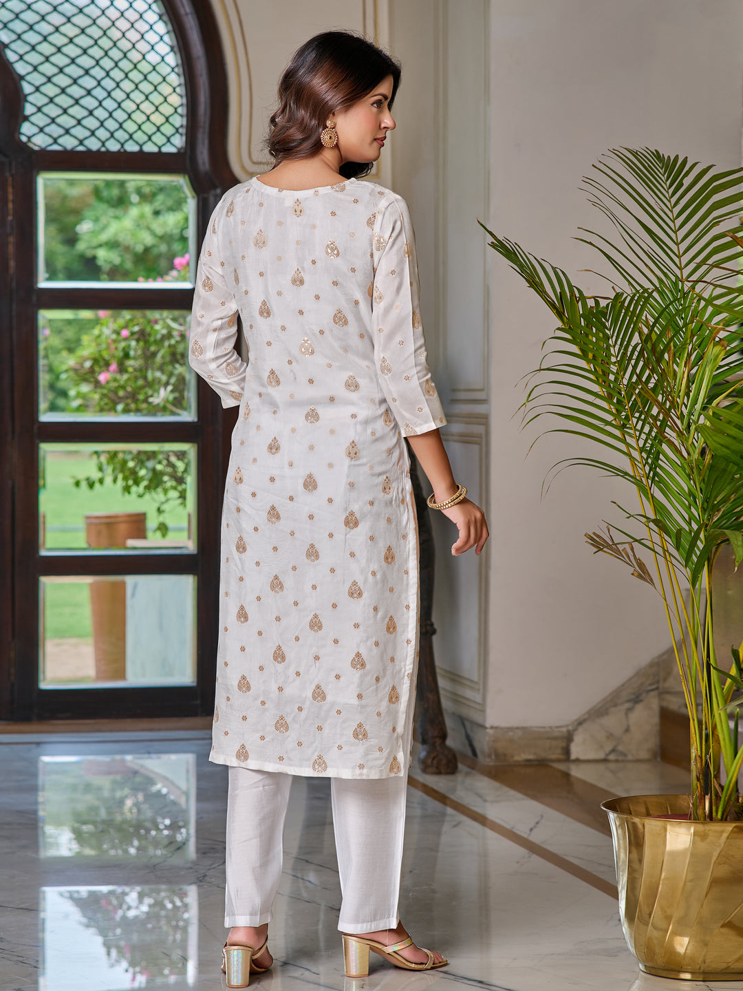 White Color Jaquard Kurti Embroidery With Pant And Dupatta Set