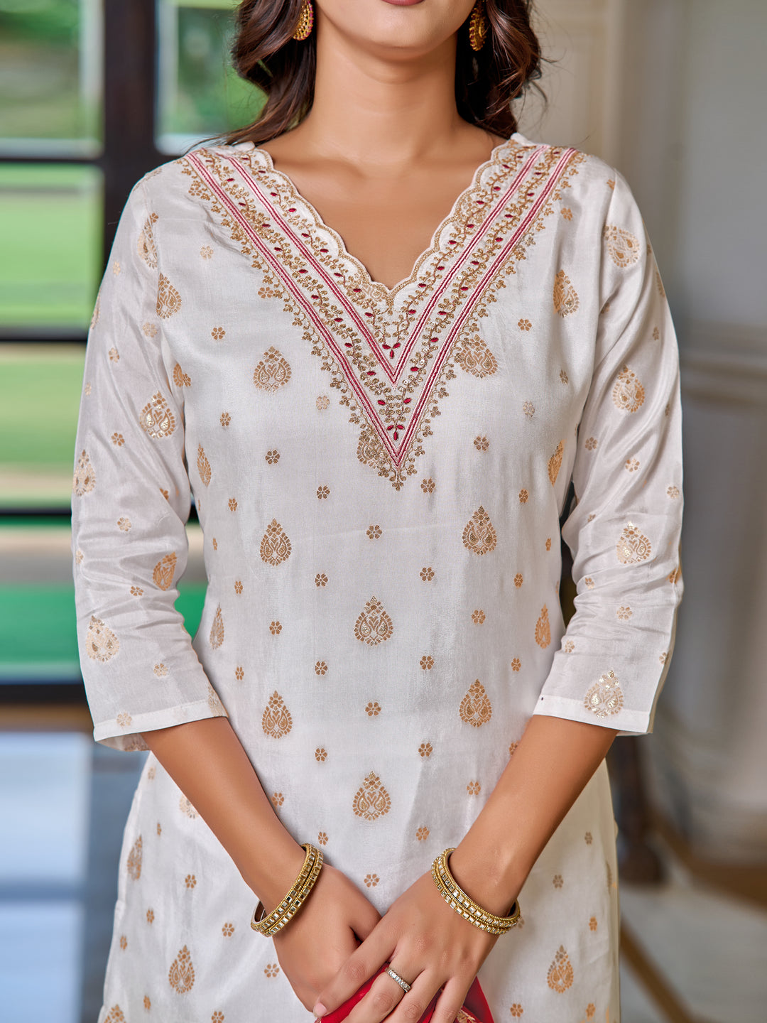 White Color Jaquard Kurti Embroidery With Pant And Dupatta Set